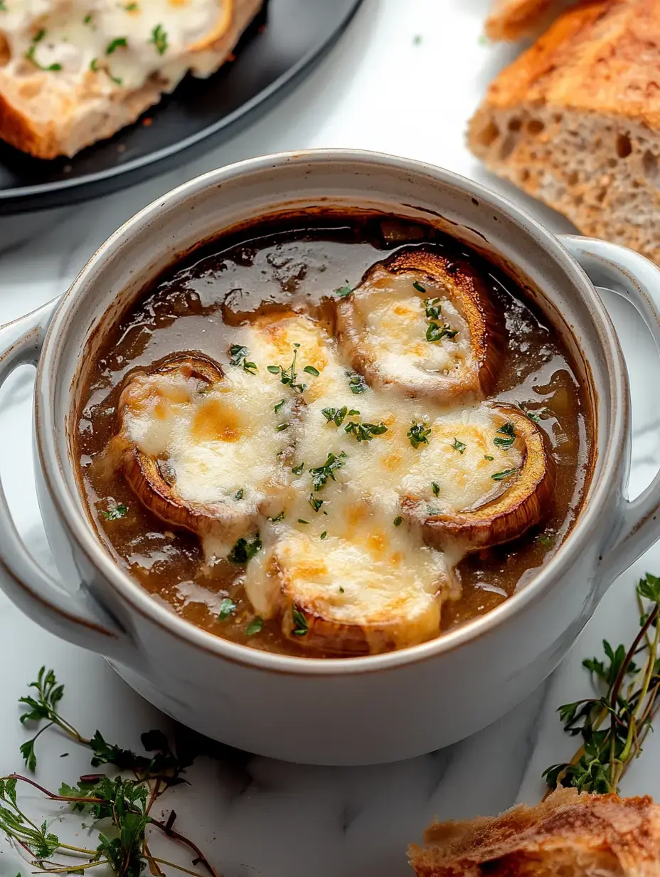 Un tazón de sopa de cebolla francesa con queso fundido encima y hierbas frescas, acompañado de pan tostado al lado.