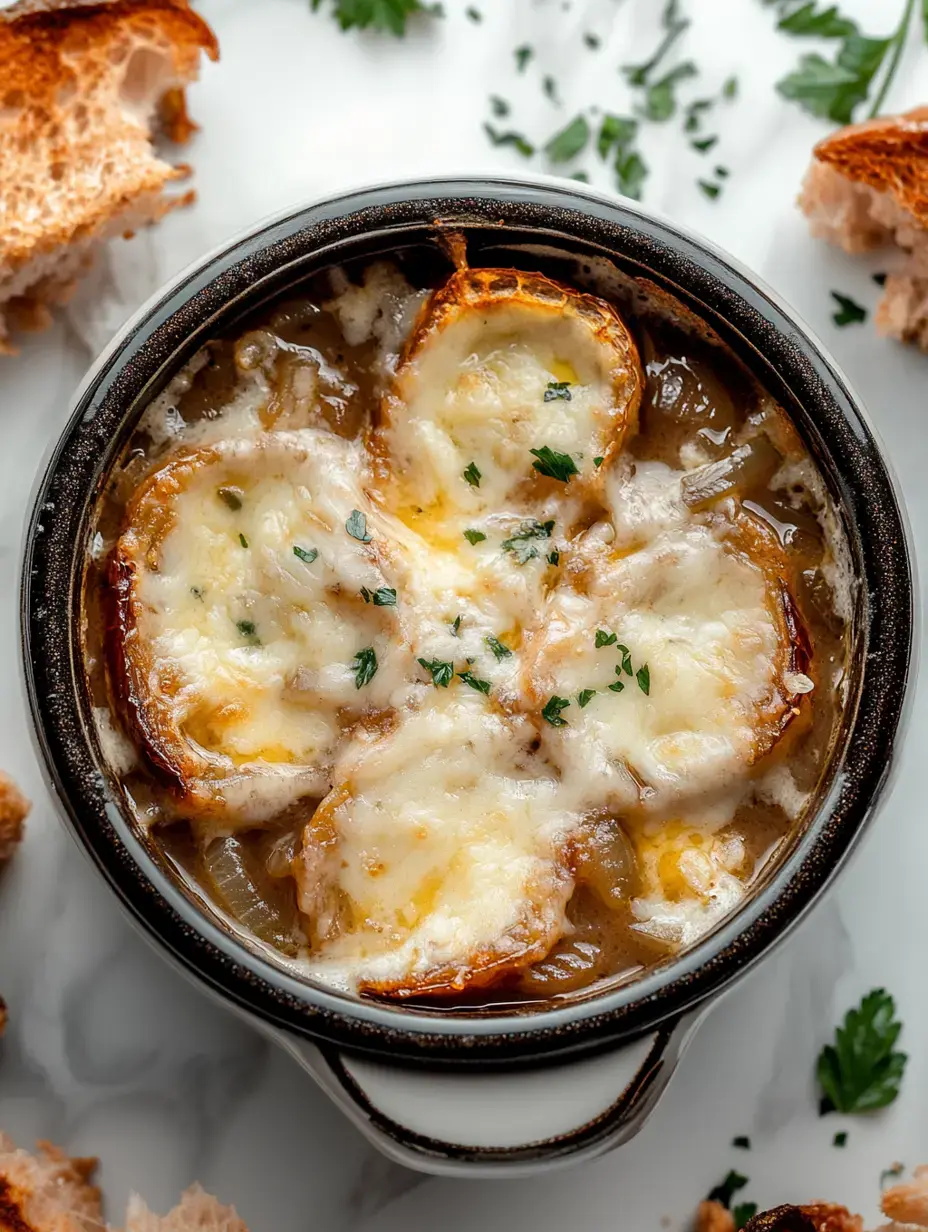 Un cuenco de sopa de cebolla francesa con queso derretido y pan tostado, rodeado de más pan y decorado con perejil.