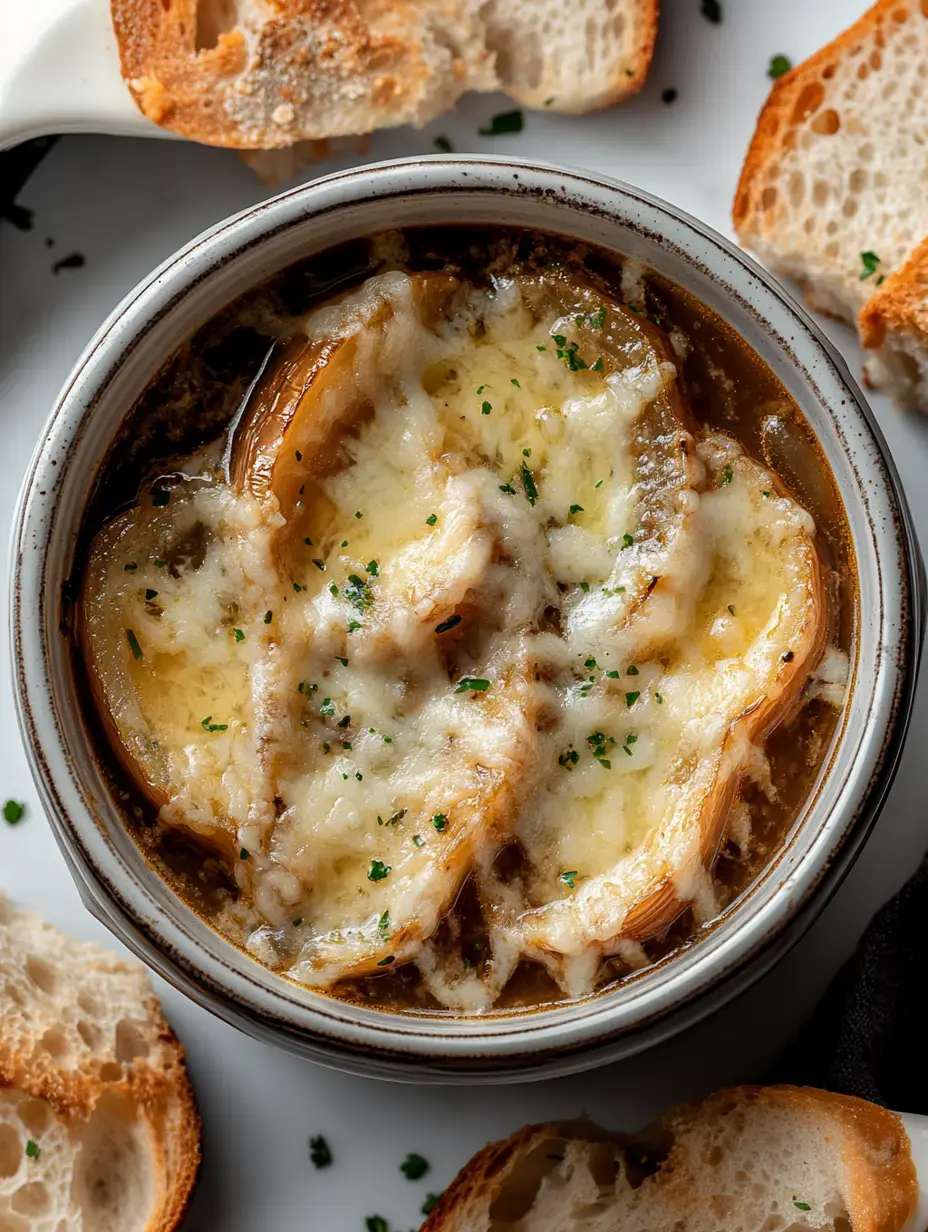 Un tazón de sopa de cebolla francesa con queso derretido, rodeado de pan tostado.