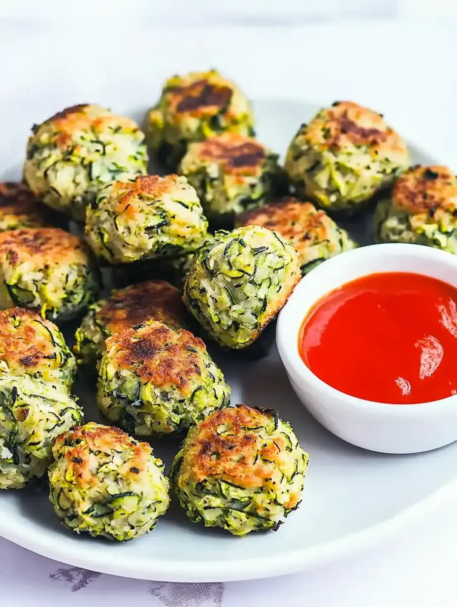 Un plato de tortitas doradas de calabacín acompañadas de un cuenco pequeño de salsa roja.