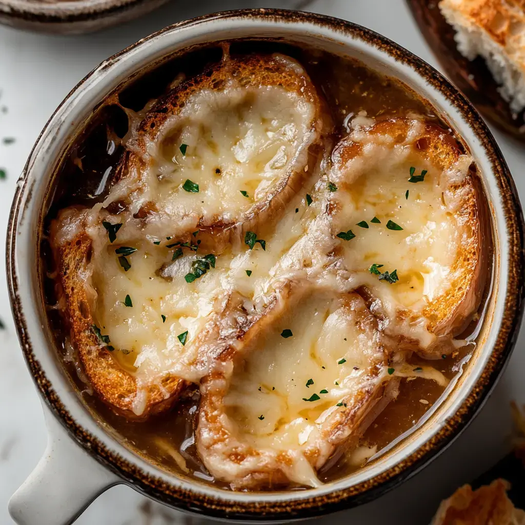 Un cuenco de sopa de cebolla francesa con queso derretido y pan tostado, adornado con perejil.