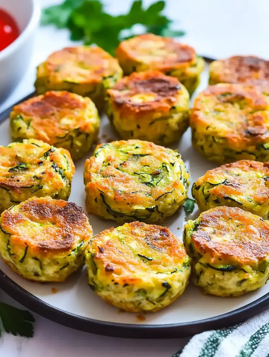Un plato de bolitas doradas de calabacín servido con un pequeño cuenco de salsa.