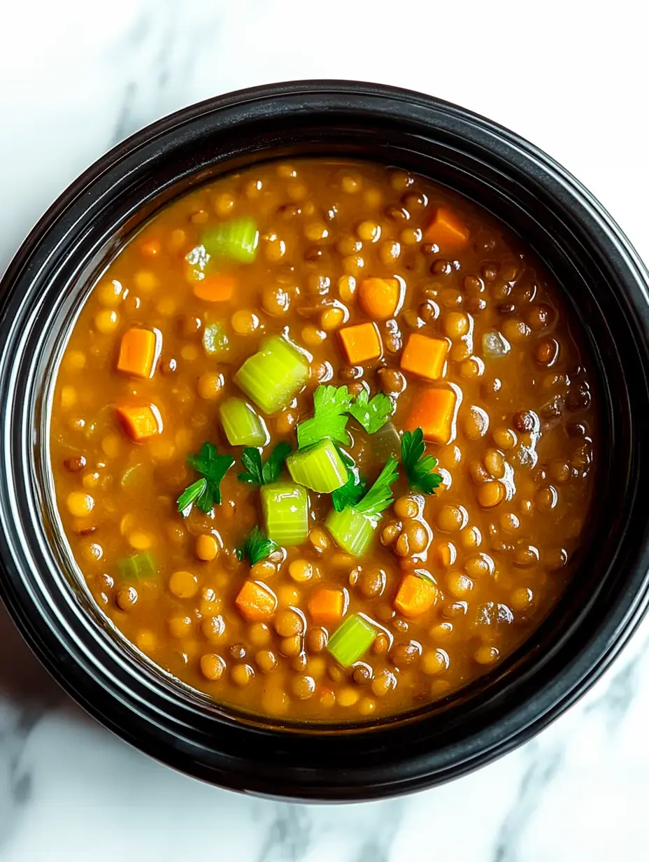 Un cuenco negro lleno de sopa de lentejas decorada con zanahorias, apio y perejil fresco.