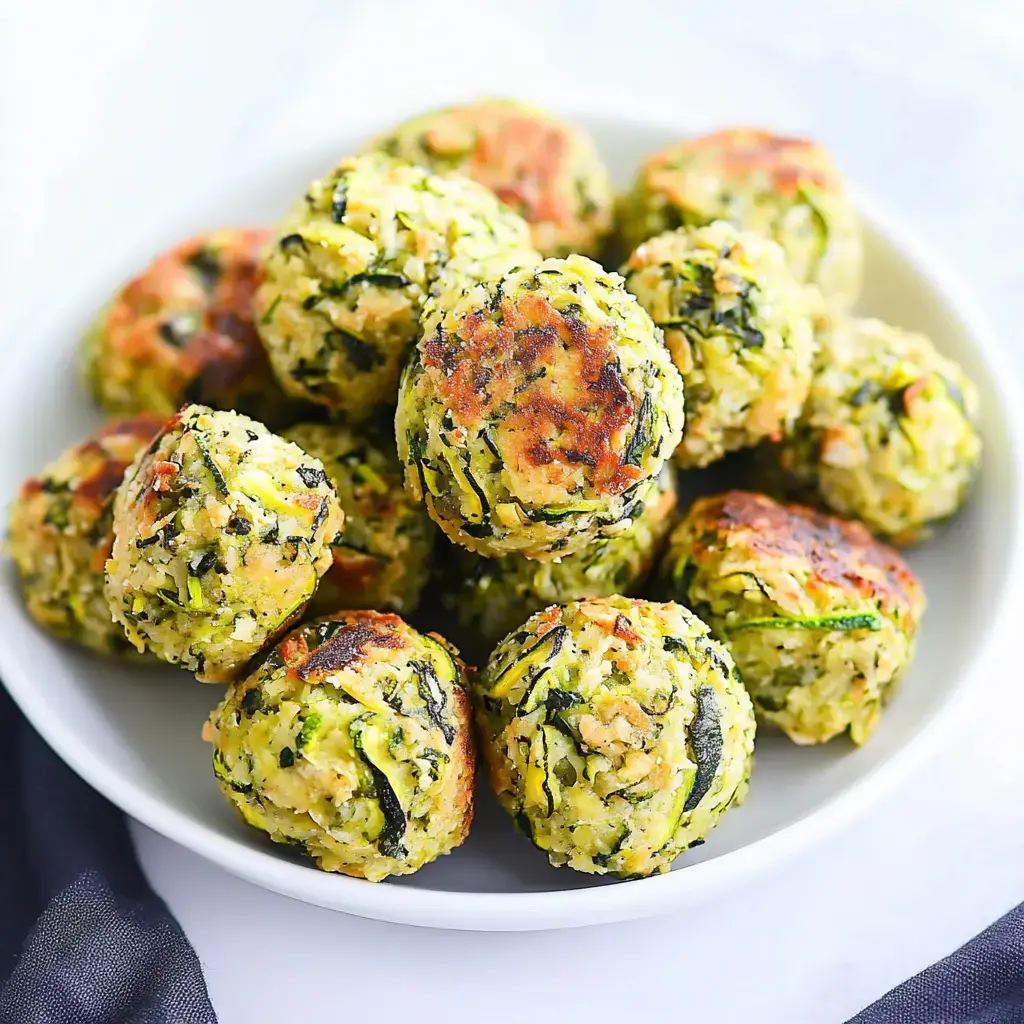 Un bol con bolitas doradas de verduras verdes, servidas en un plato blanco.
