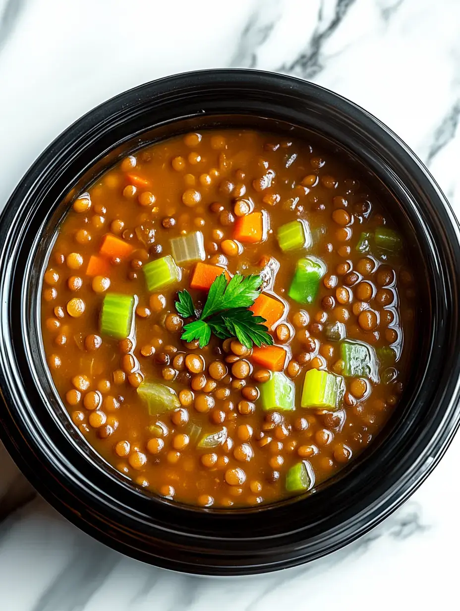 Un plato de sopa de lentejas decorada con perejil y trozos de zanahoria y apio.