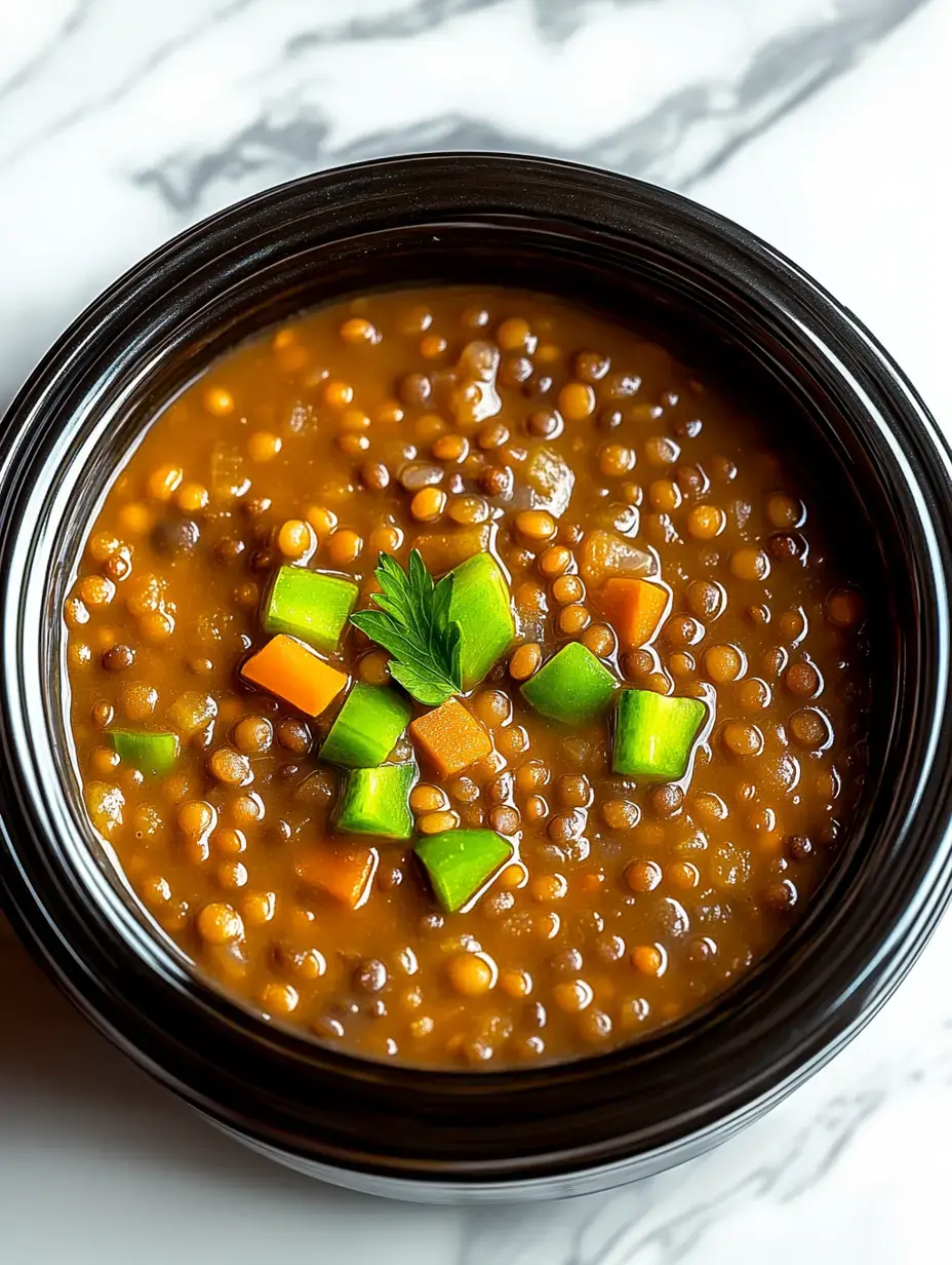 Acercamiento de un tazón de sopa de lentejas decorado con pimientos verdes, zanahorias y una ramita de perejil.