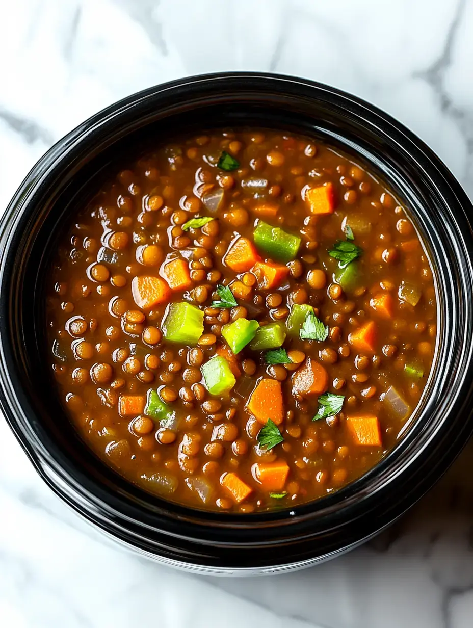 Acercamiento de un tazón de sopa de lentejas con zanahoria, pimientos verdes y hierbas frescas.