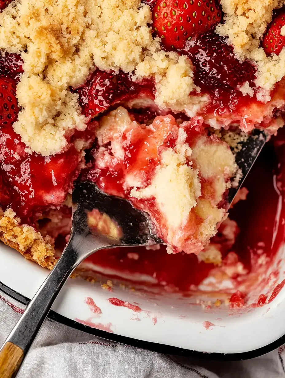 Imagen cercana de un postre de fresa con topping crujiente, servido directamente de la fuente.
