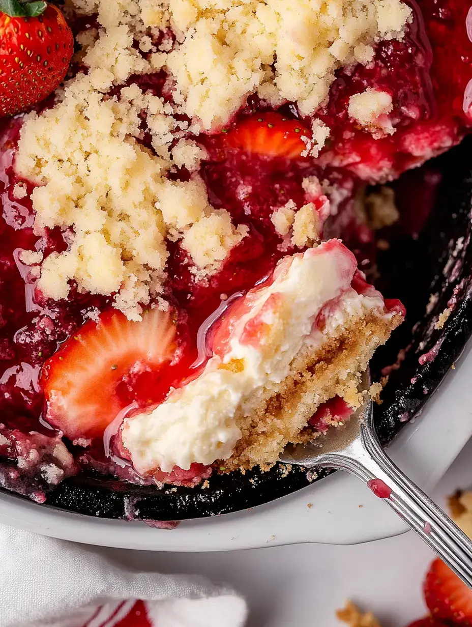 Plano detalle de un postre de fresas, costra crujiente y capas cremosas, se ve la textura gracias a un tenedor con un trozo del postre.