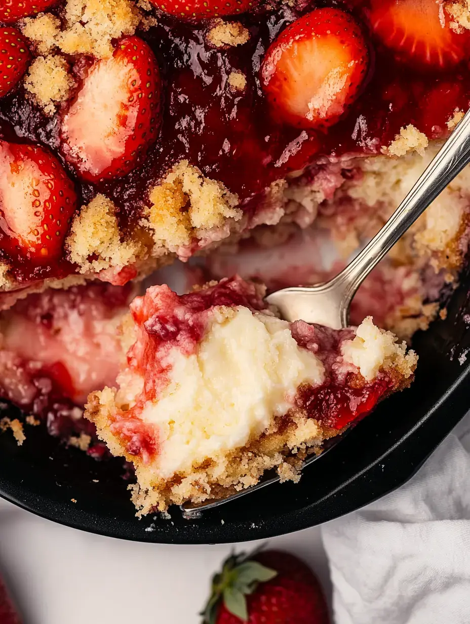 Imagen cercana de postre de fresa con una cucharada sacada, dejando ver capas de crema y fruta en la parte de arriba.