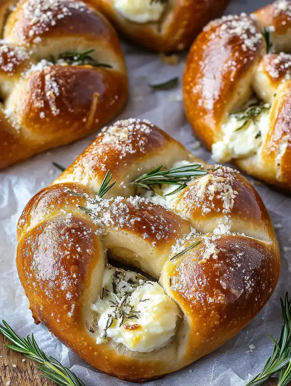Detalle de nudos de pretzel recién horneados con queso crema, romero y sal gorda por encima.