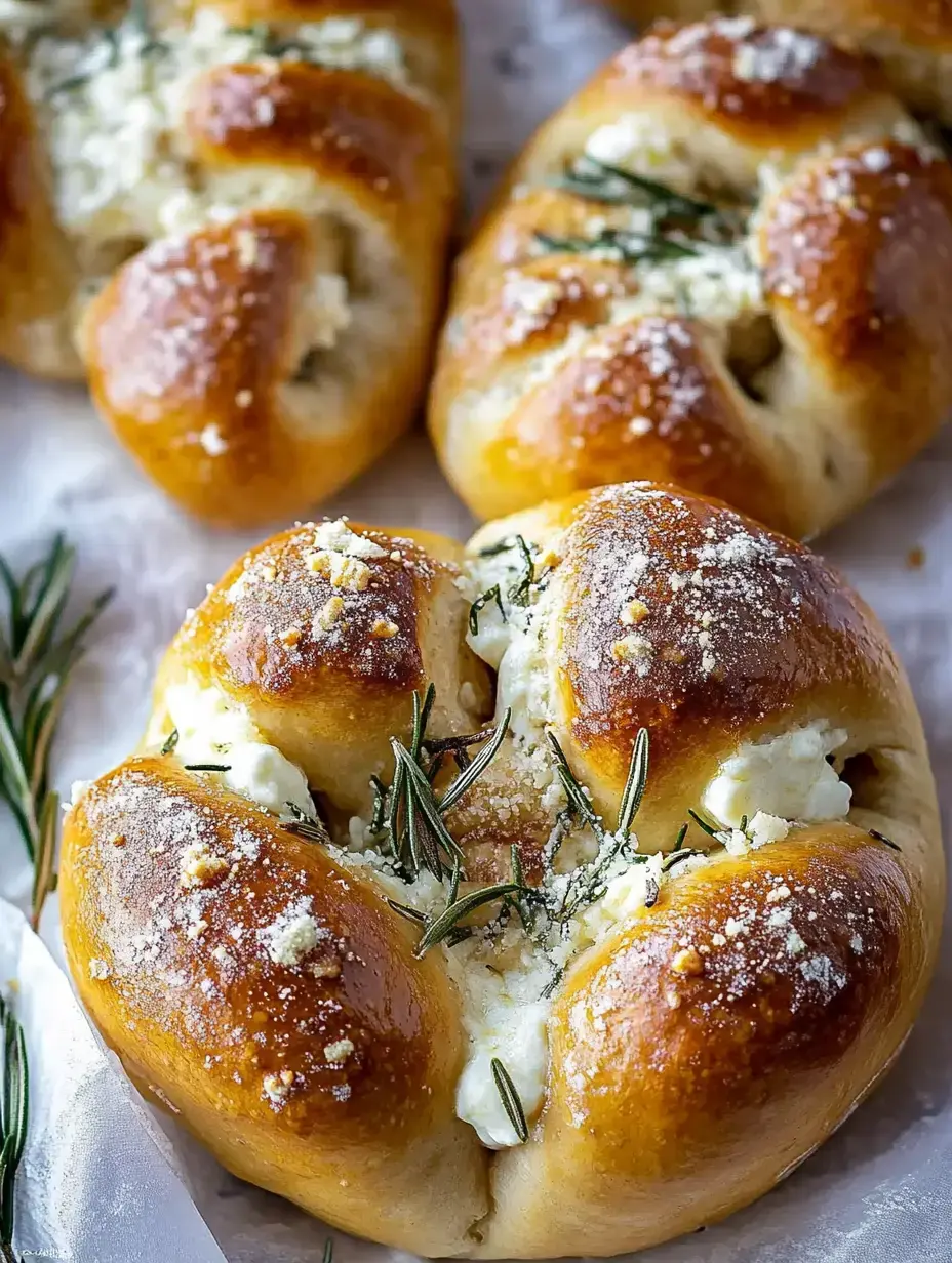 Vista de panecillos recién horneados, dorados con romero fresco y queso por encima.