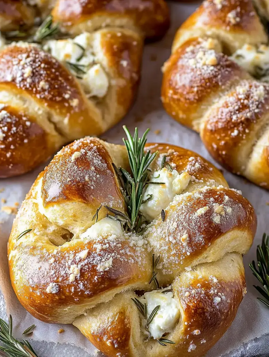 Pretzels recién salidos del horno, con queso suave adentro y ramas de romero encima.