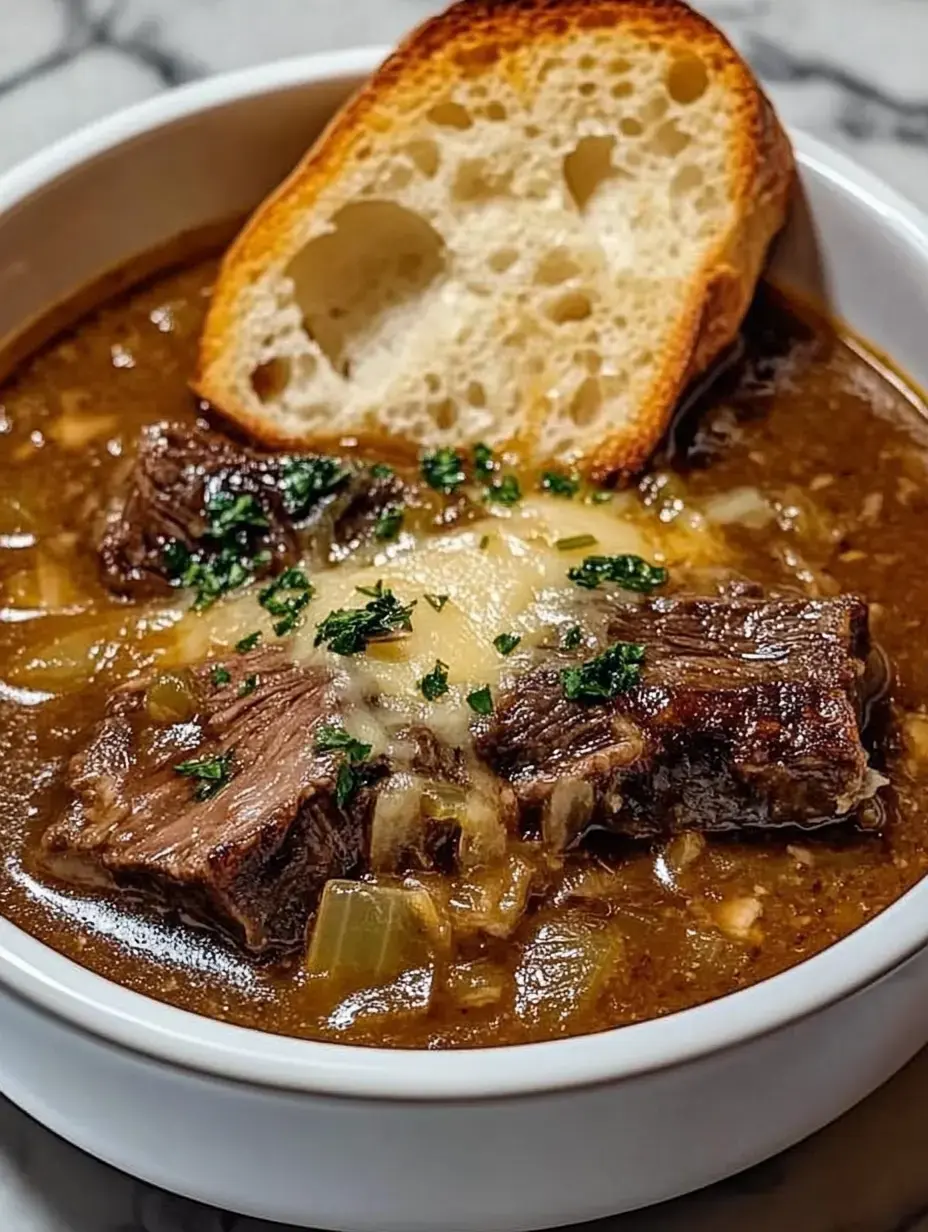 Un tazón de guiso de carne bien sabroso decorado con perejil y queso, acompañado de una rebanada de pan tostado.