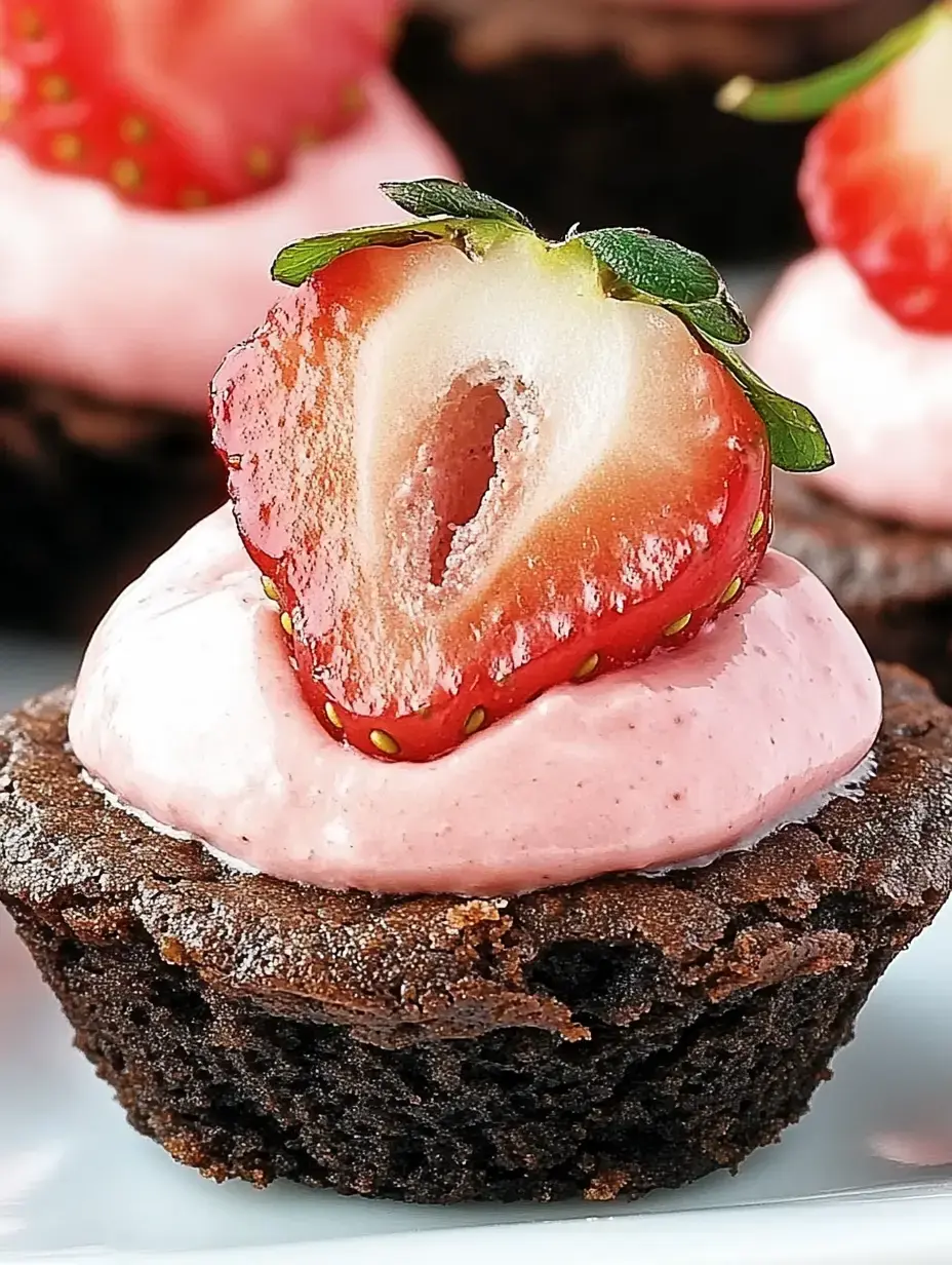 Un cupcake de chocolate con crema rosa y una fresa cortada arriba.