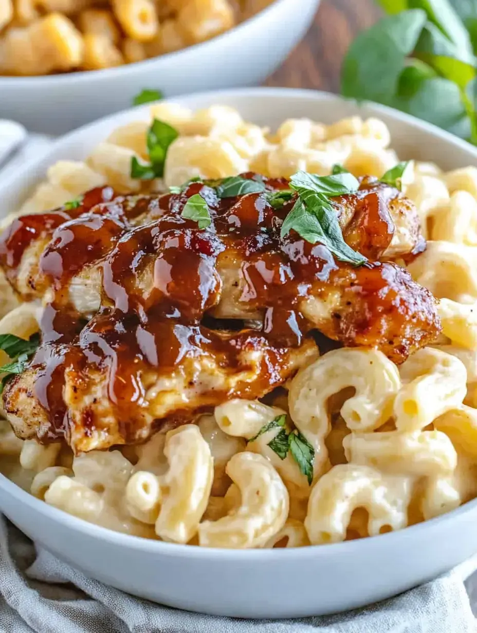 Un plato de macarrones con queso cremoso, tiras de pollo asado y salsa, decorado con hierbas frescas.
