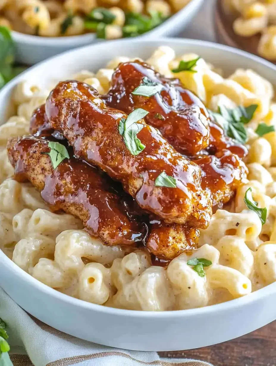 Un bol de macarrones con queso cubiertos con tiras de pollo crujientes, salsa y perejil.