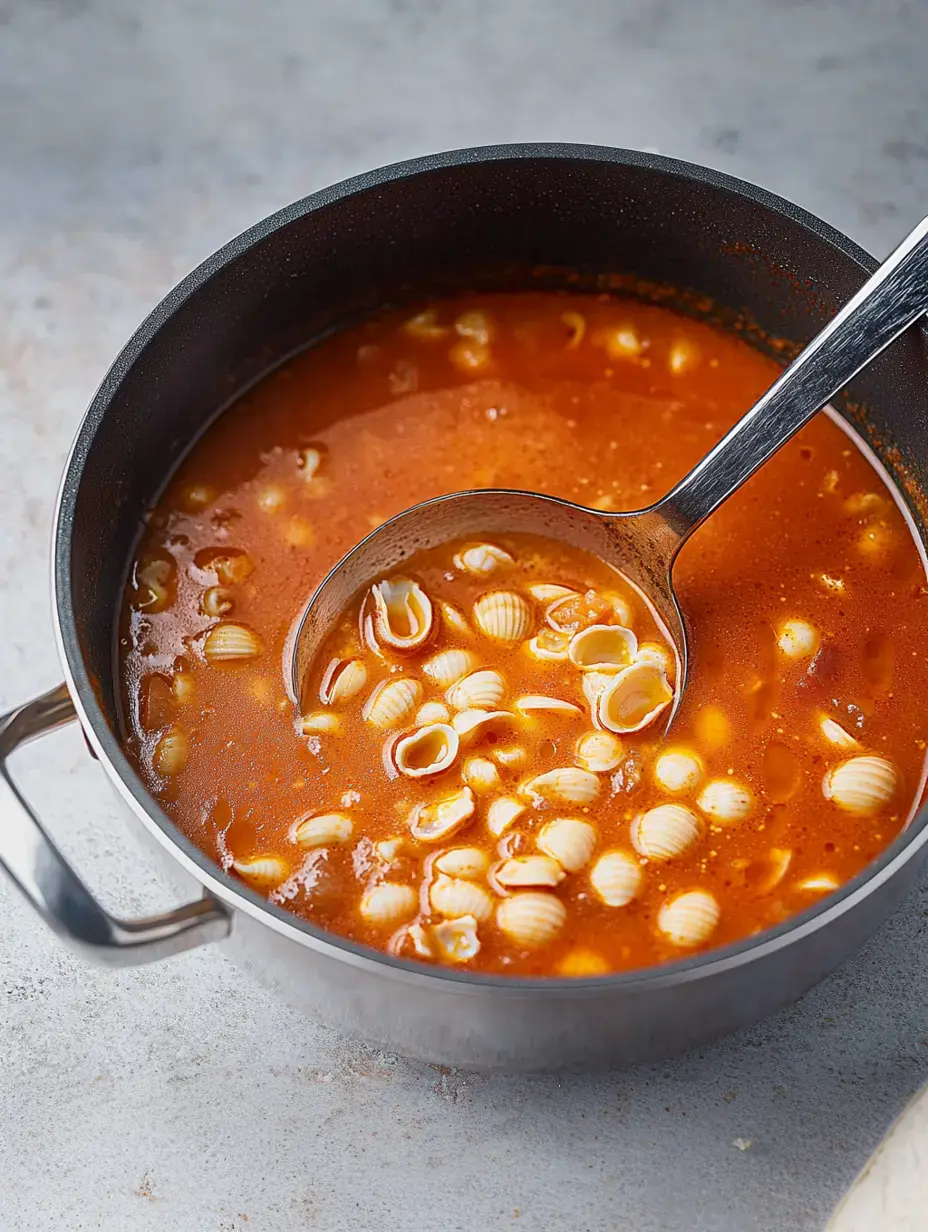 Una olla con sopa de tomate, pastas en conchita y un cucharón descansando adentro.
