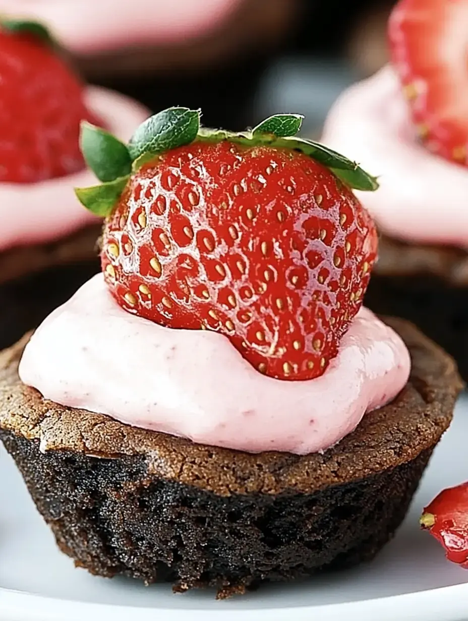 Brownies de chocolate con crema rosa y una fresa fresca encima, de cerca.