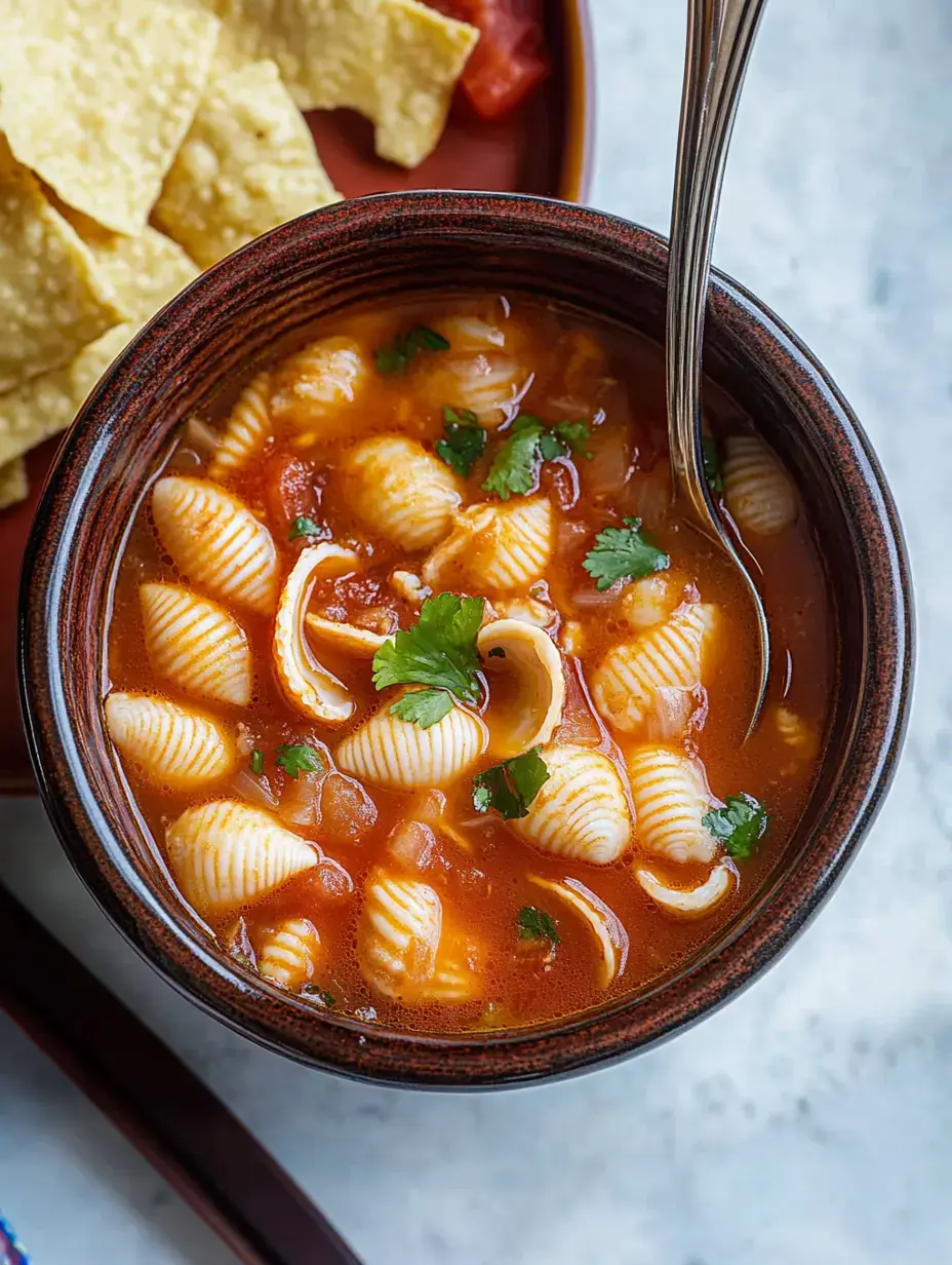 Un plato hondo de sopa con pasta de conchita y cilantro picado, acompañado con totopos de maíz.