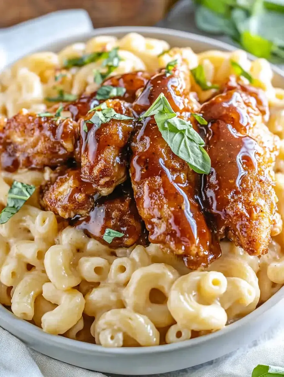 Macarrones con queso cremosos, pollo rebozado crujiente, salsa dulce encima y toque de albahaca fresca.
