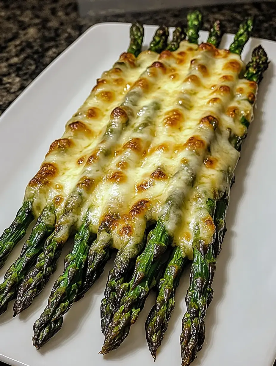 Espárragos asados al horno con queso derretido, servidos en un plato blanco.