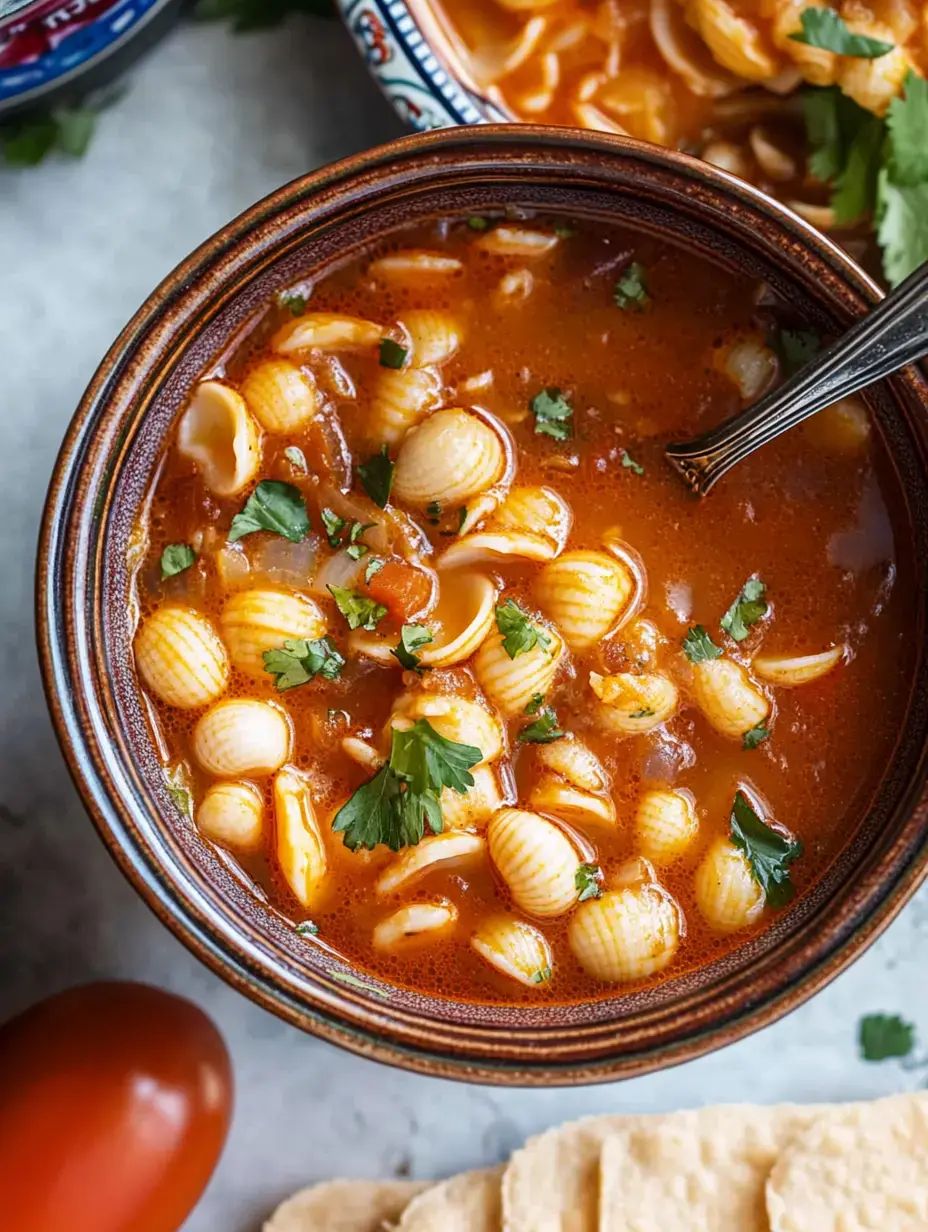 Un tazón de sopa de pasta decorado con cilantro fresco, junto a un tomate y totopos de maíz.