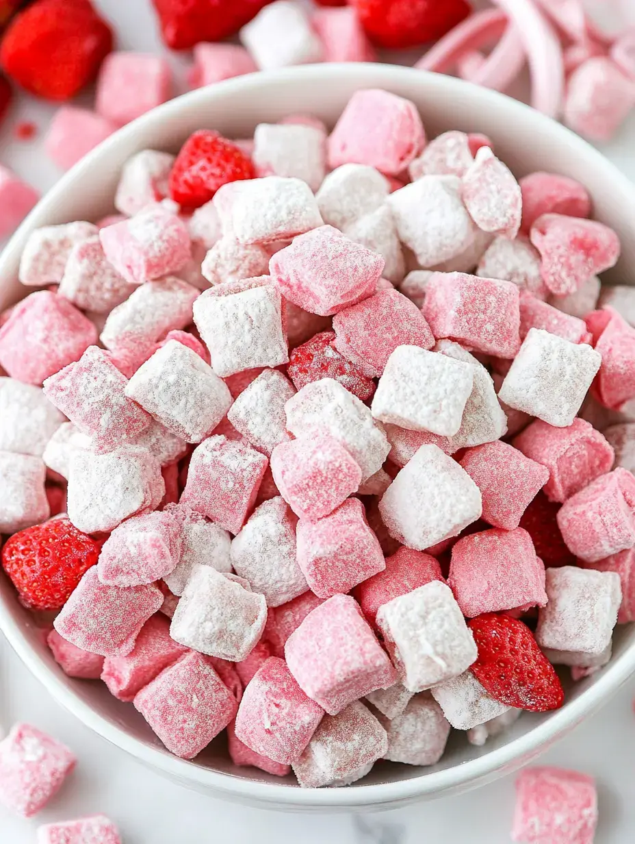 Un bol con golosinas empolvadas en rosa y blanco junto a fresas frescas.