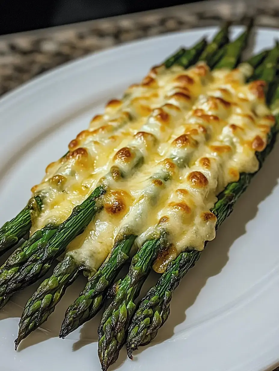 Espárragos horneados cubiertos de queso derretido servidos en plato blanco.