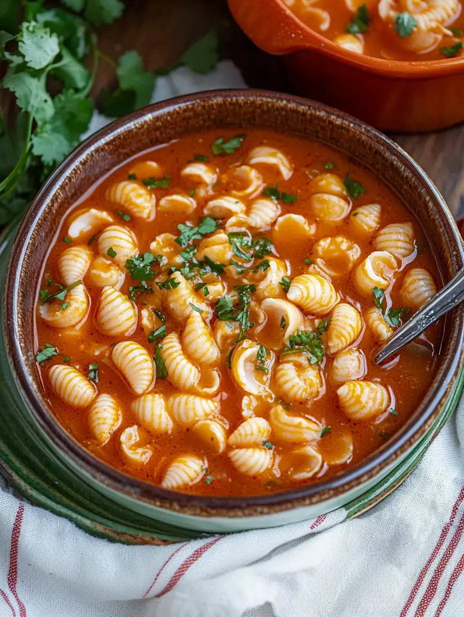 Un tazón de pasta en caldo naranja decorado con perejil fresco, y al fondo otro plato igual.