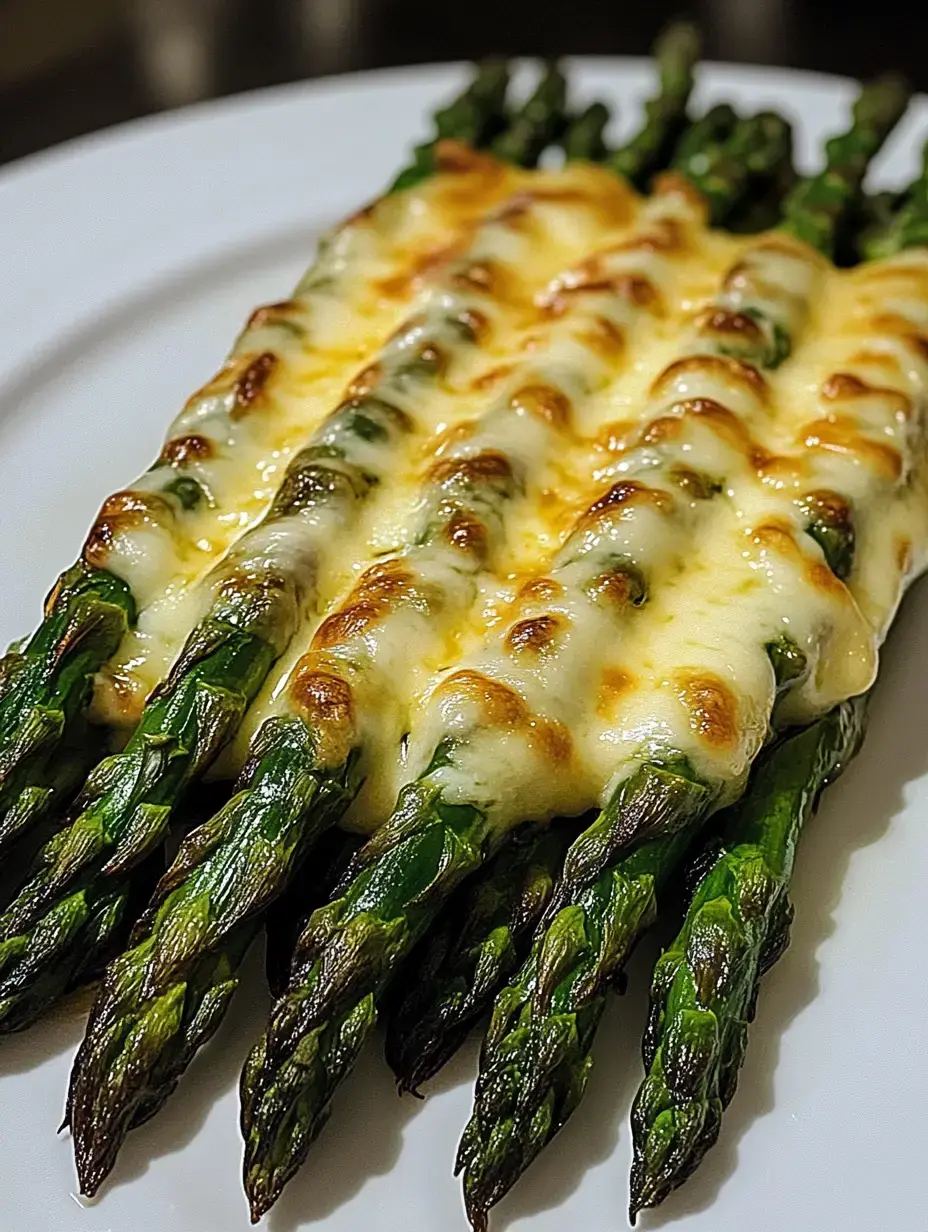 Espárragos cocinados al horno con queso derretido, acomodados en un plato blanco.