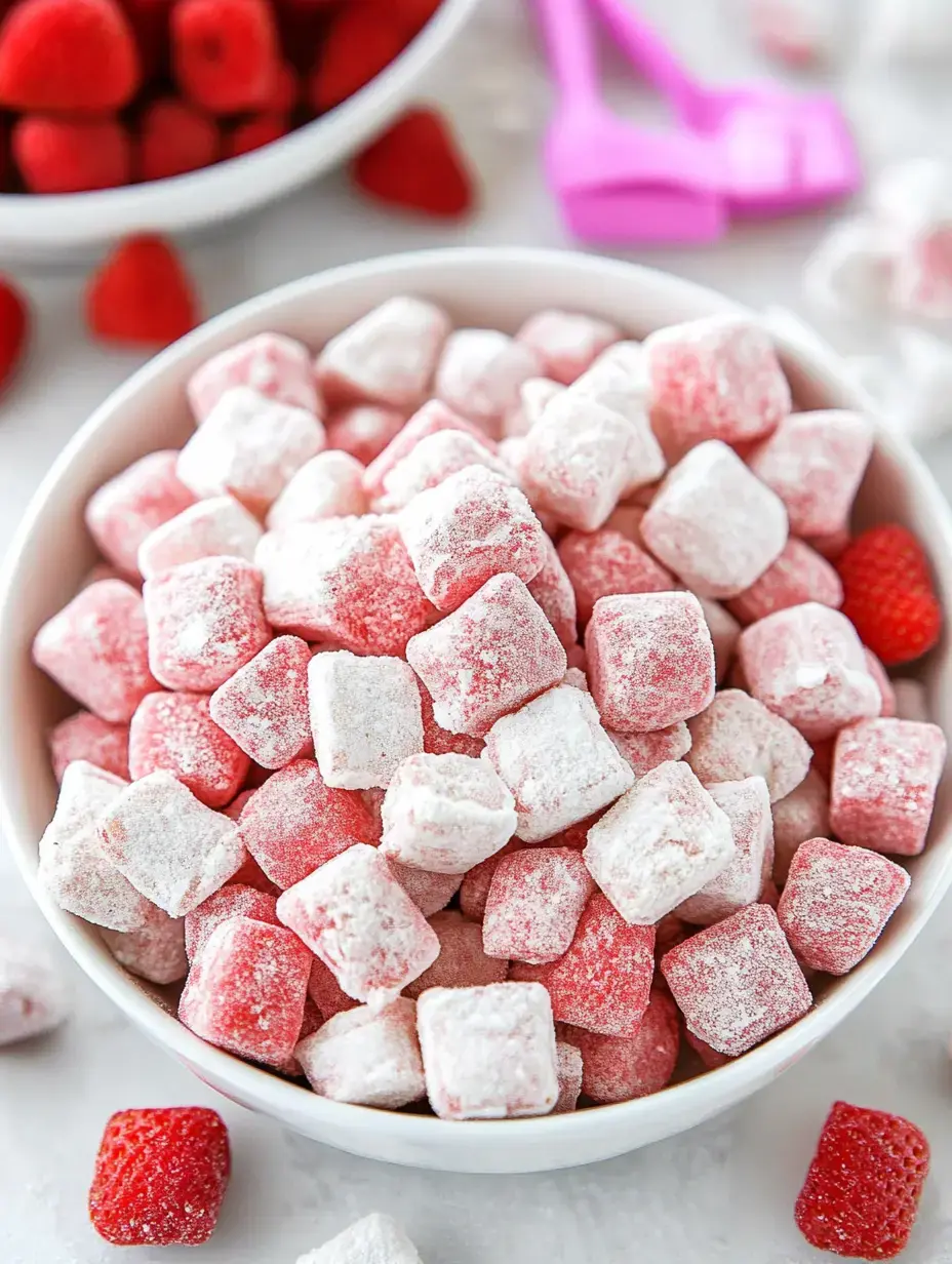Un bol con gominolas cubiertas de polvo blanco y rosa con frambuesas y utensilios coloridos alrededor.