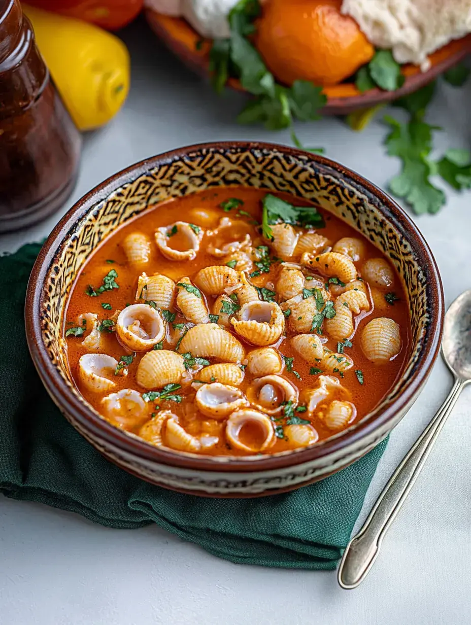 Un plato de conchitas en caldo de tomate con cilantro picado, sobre un paño verde y al fondo pimientos y pan.