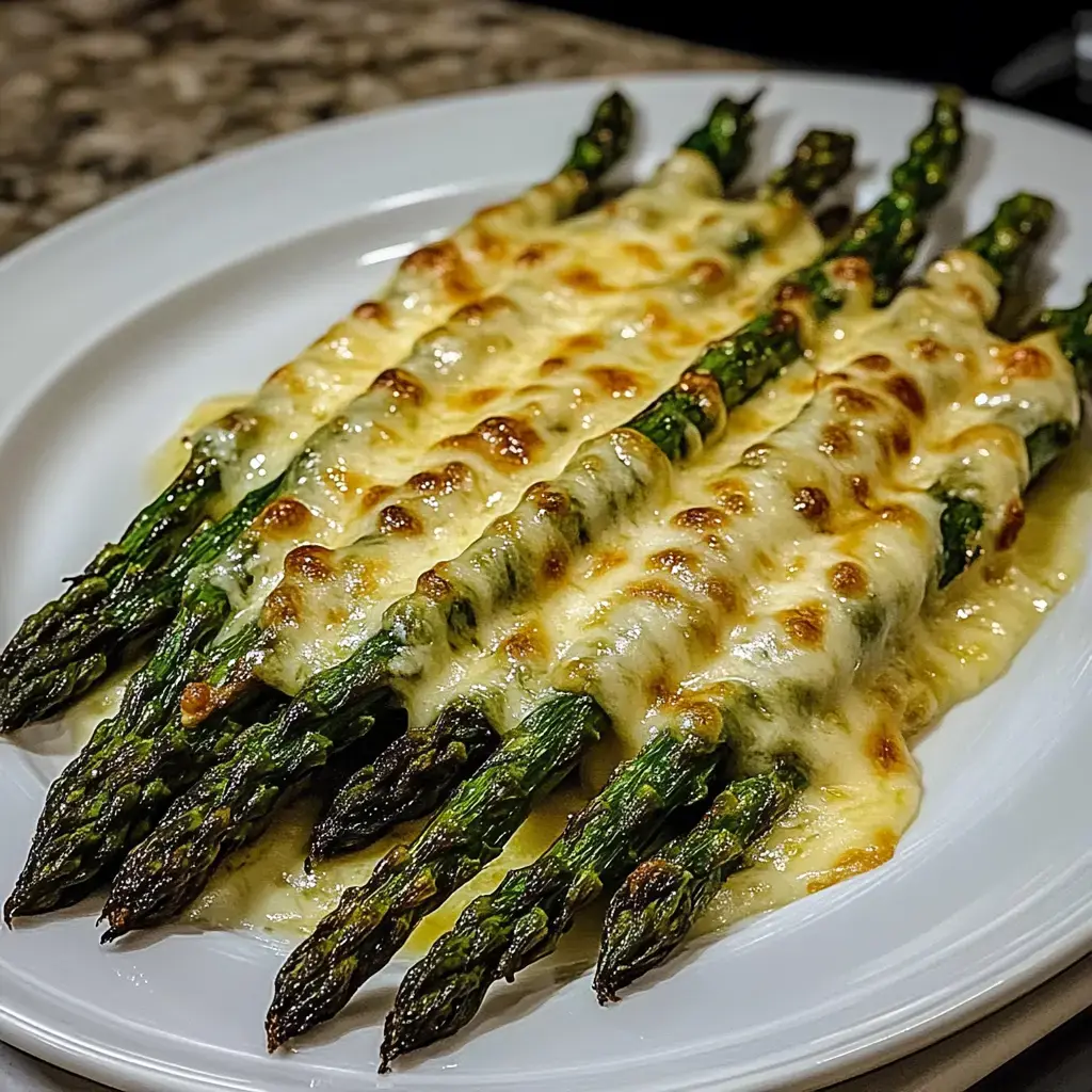 Un plato con espárragos al horno con queso dorado y derretido.