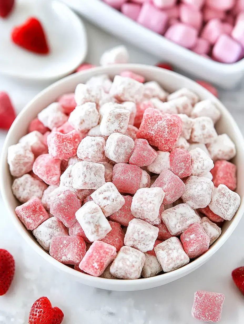 Un bol con cubitos dulces empolvados en rosa y blanco y pedacitos de fresa fresca.