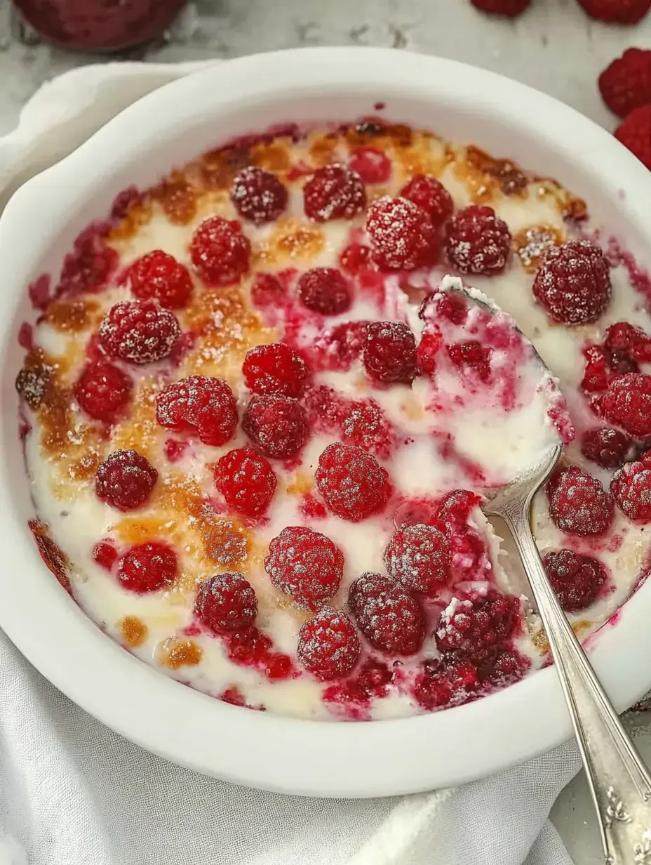 Un postre cremoso con frambuesas frescas por encima, servido en un plato blanco junto a una cuchara.
