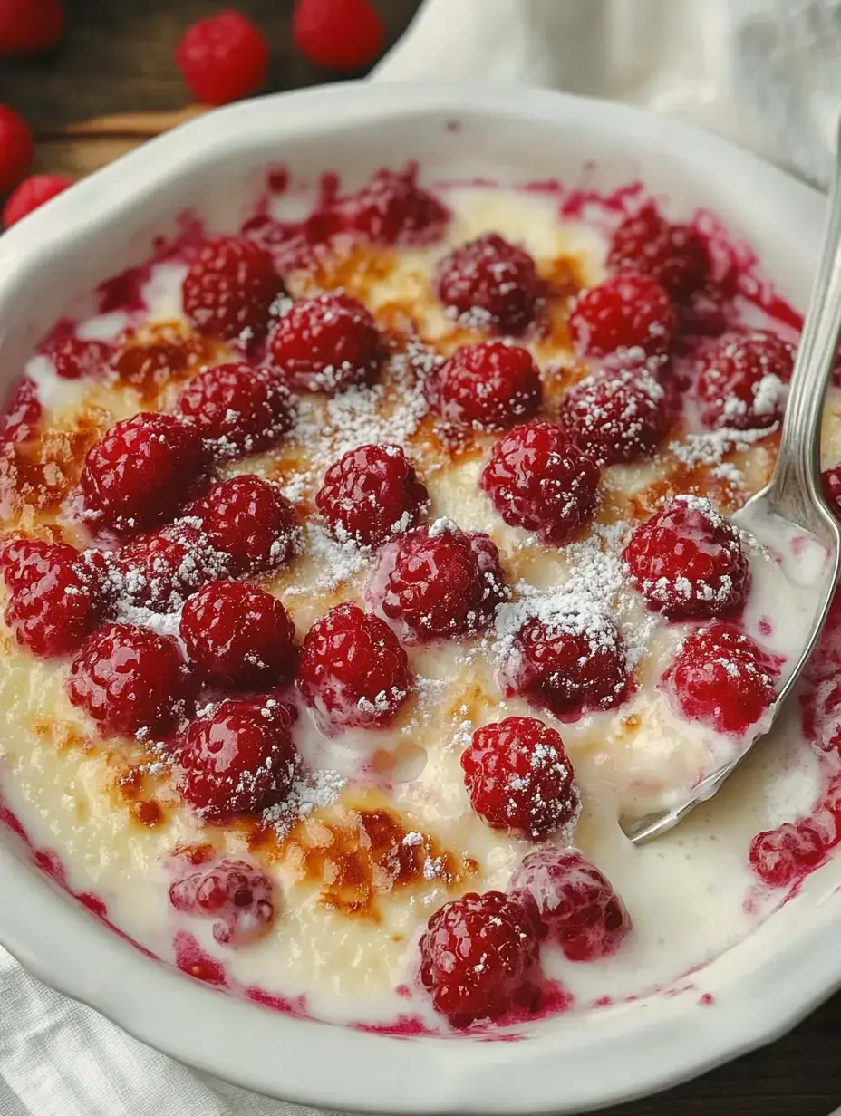 Un postre cremoso coronado con frambuesas frescas y azúcar glas, servido en un cuenco blanco.