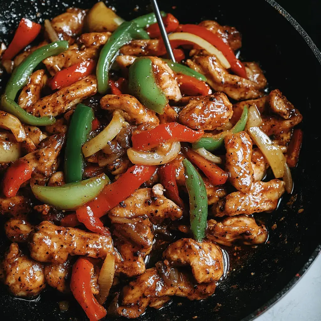 Vista de cerca del pollo salteado con cebolla, pimientos rojo y verde, todo en una salsa oscura, servido en sartén.