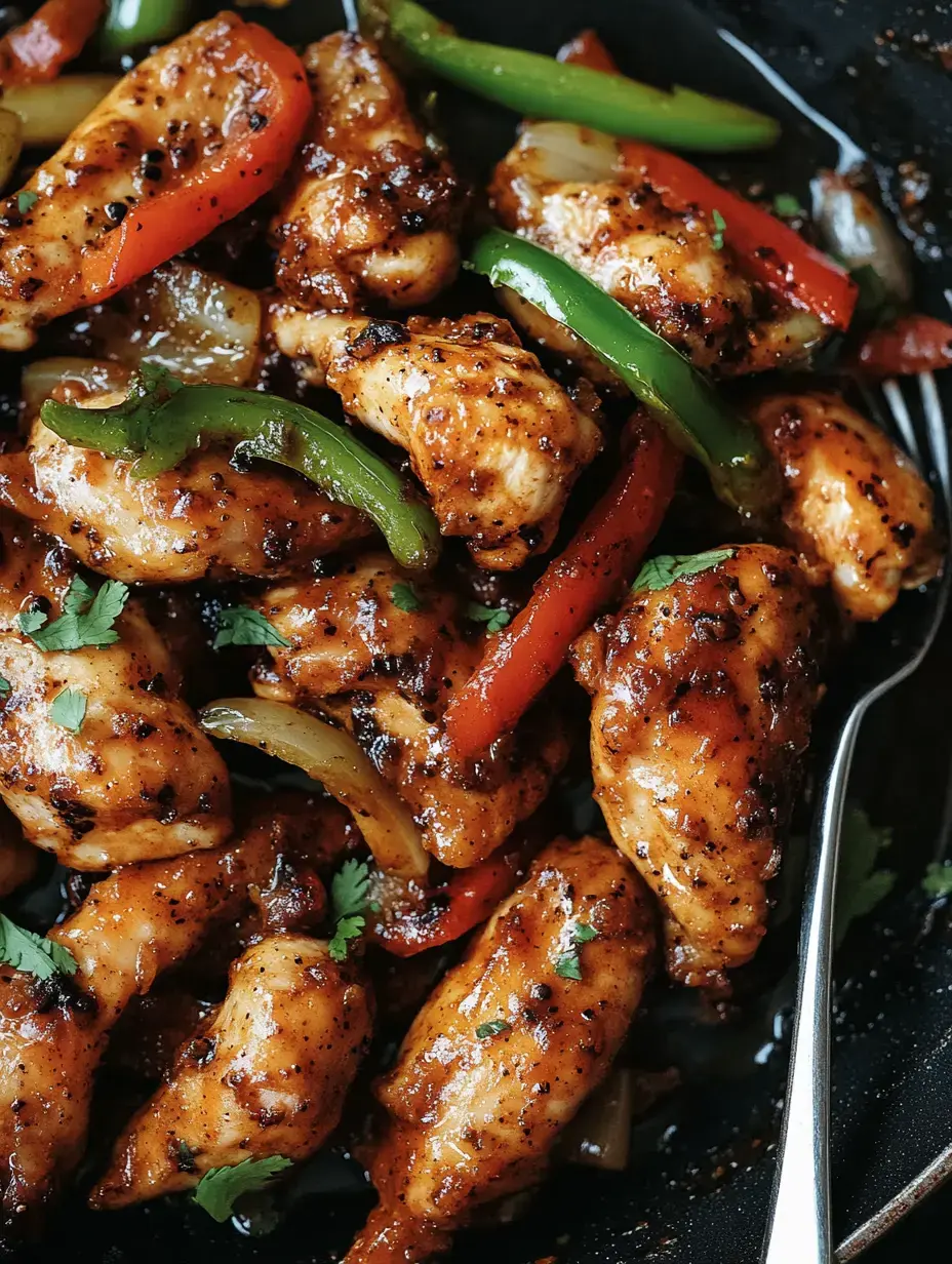 Un plato muy vistoso con pollo, pimientos rojos y verdes, decorado con hierbas en un bol oscuro.