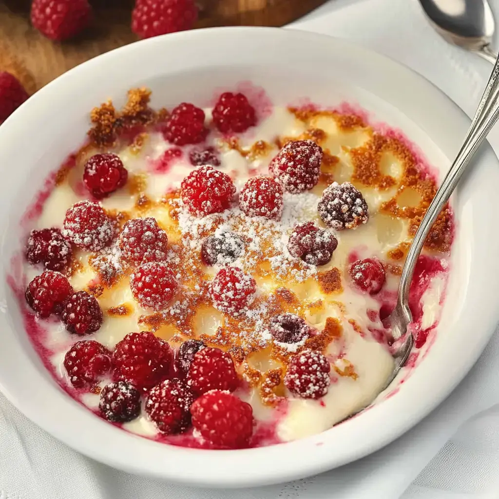 Un cuenco blanco relleno de postre cremoso y frambuesas frescas, espolvoreado con azúcar glas y migas.
