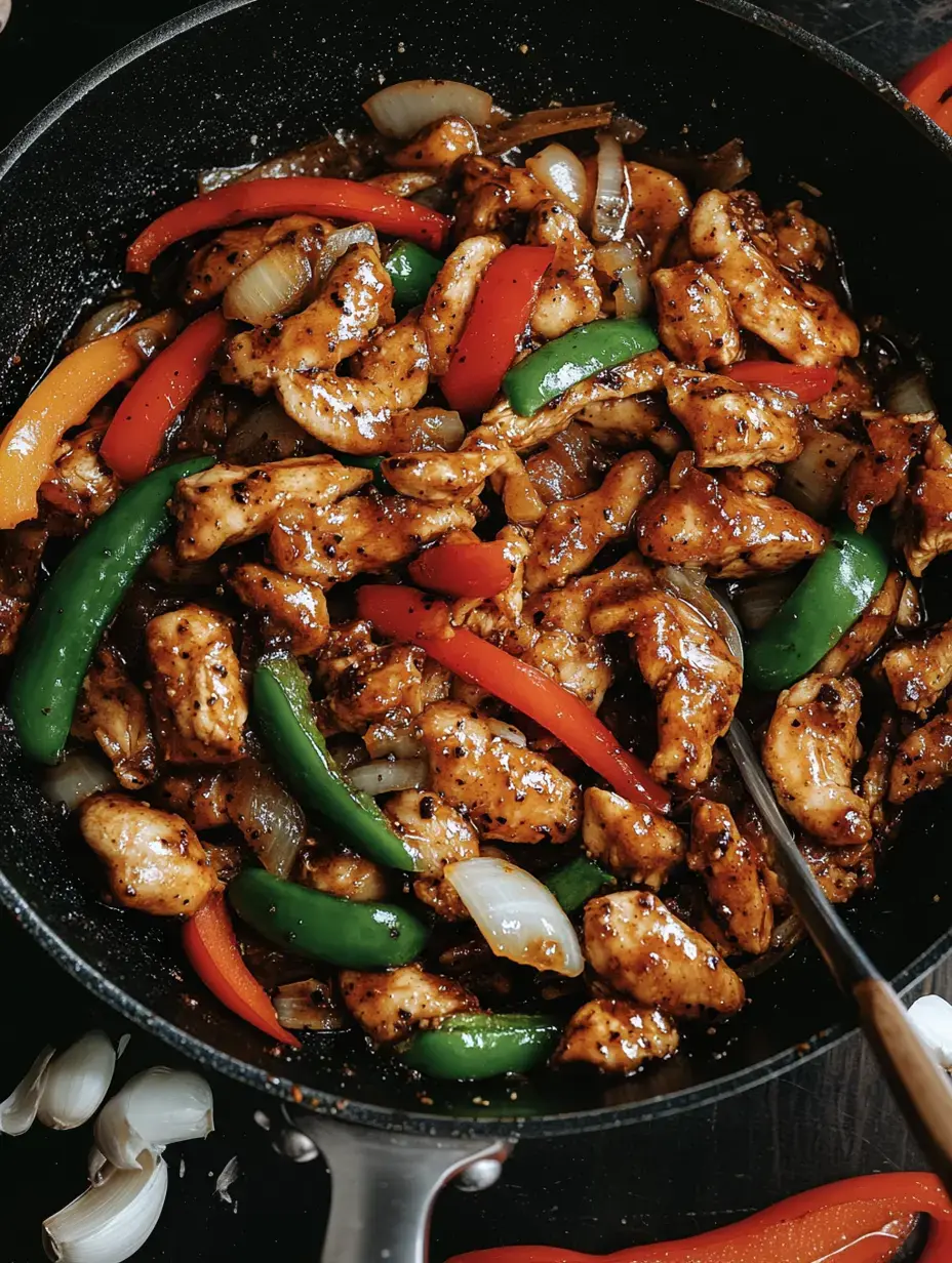 Sartén llena de pollo salteado, pimientos de colores y cebolla todo bañado en salsa brillante.