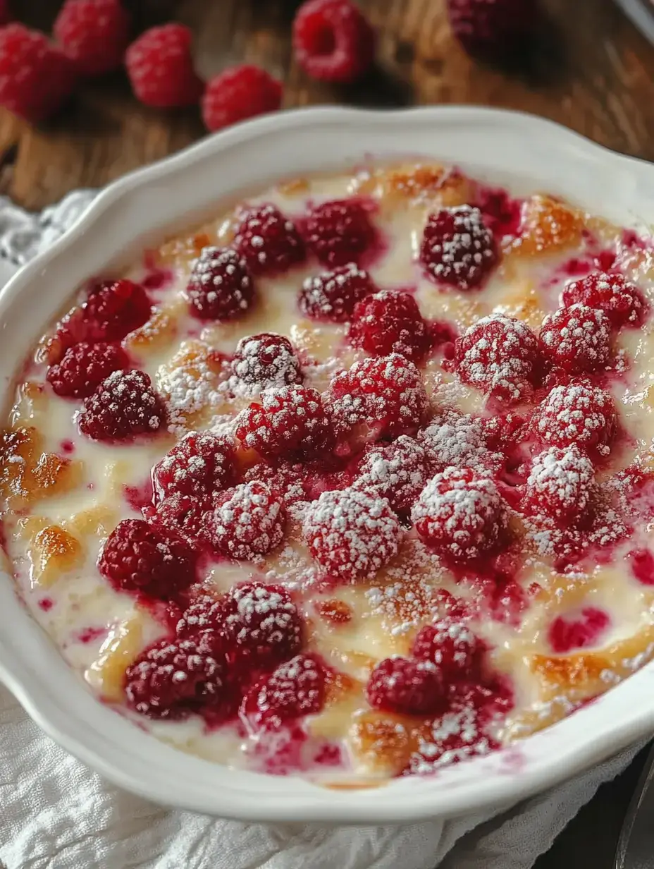 Un postre cremoso cubierto con frambuesas frescas y azúcar glas, servido en un plato blanco.