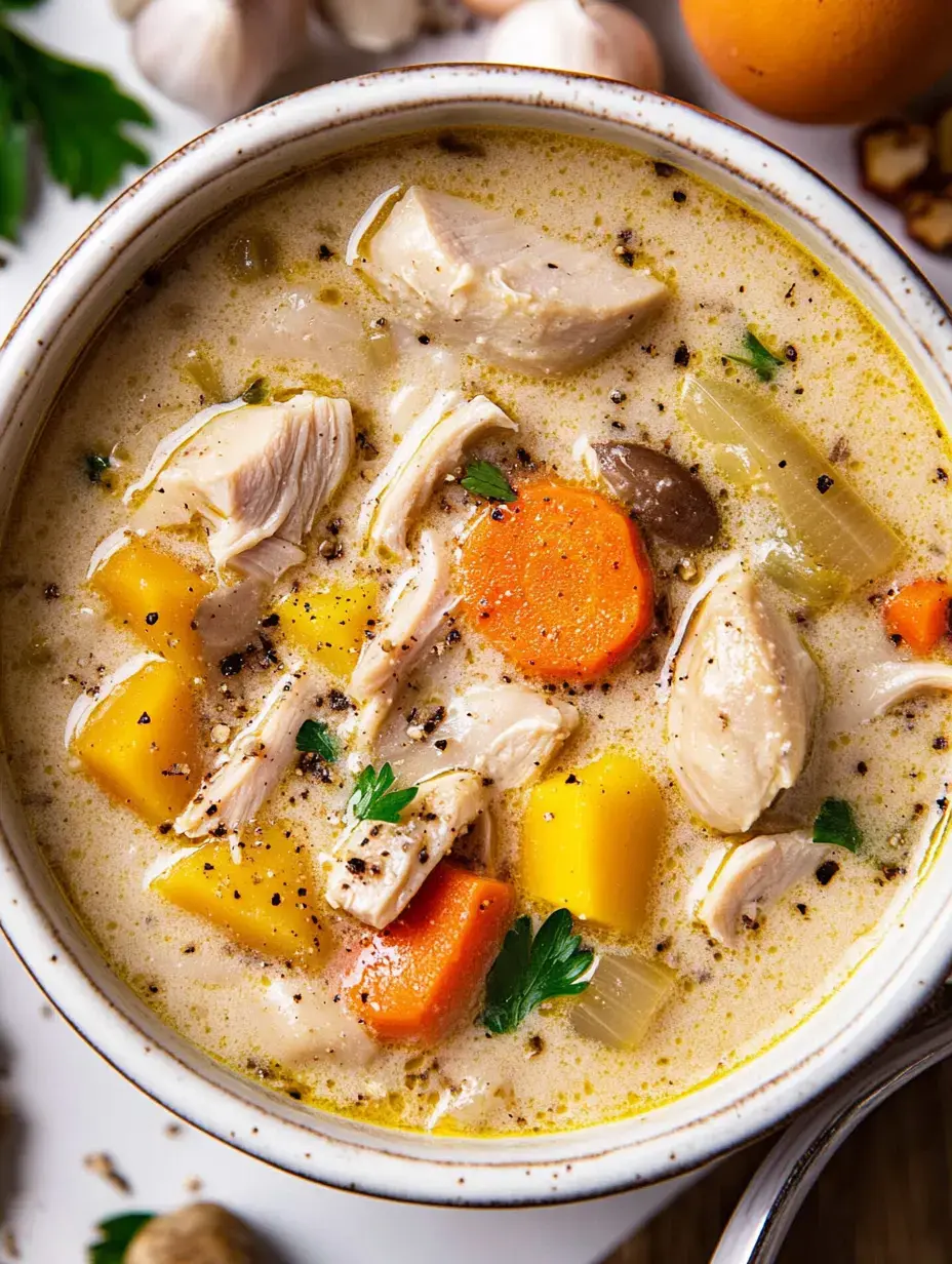 Un primer plano de un plato de sopa de pollo cremosa con trozos de pollo, zanahorias y calabacín amarillo, con un toque de perejil.