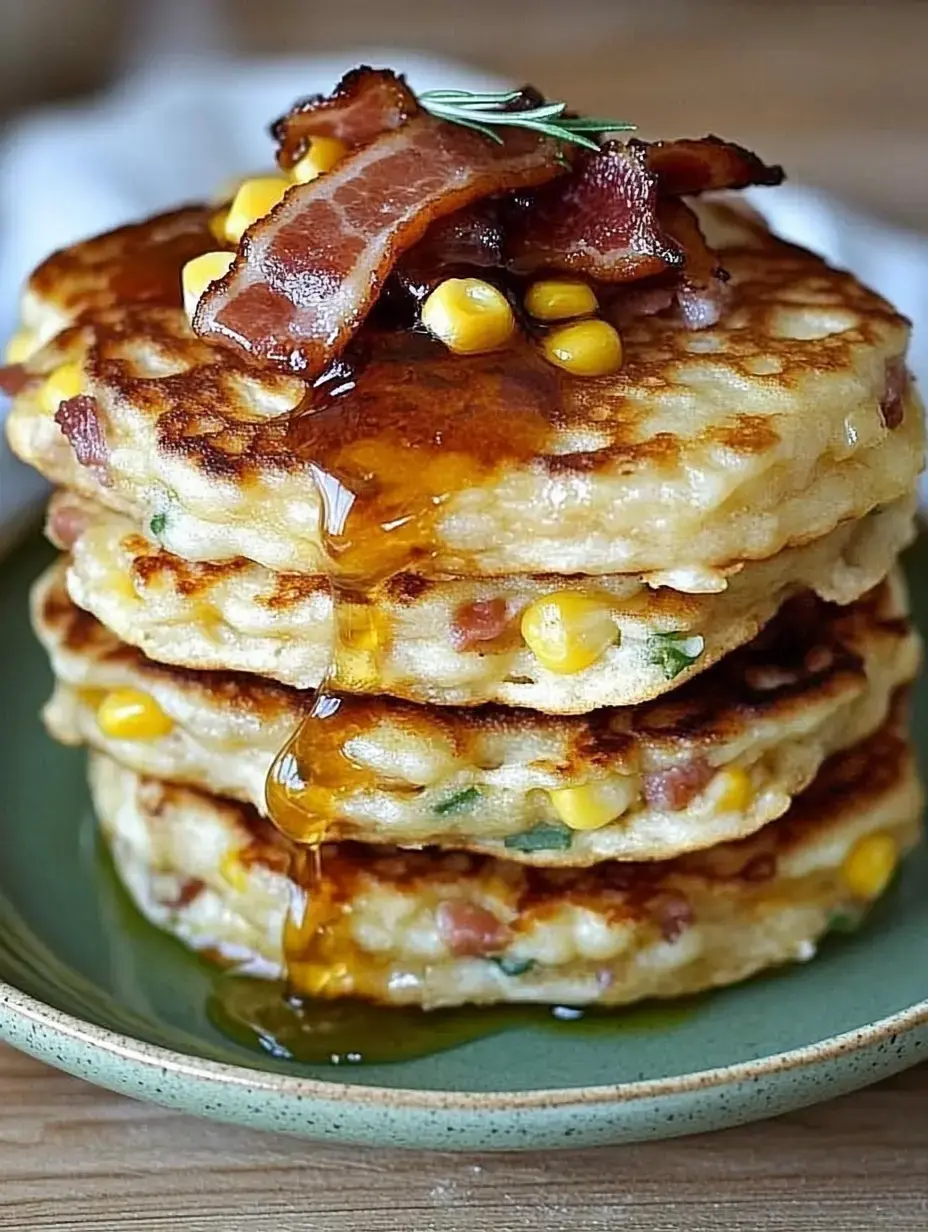 Torre de hotcakes salados con tocino, maíz y sirope encima, servidos en plato verde.
