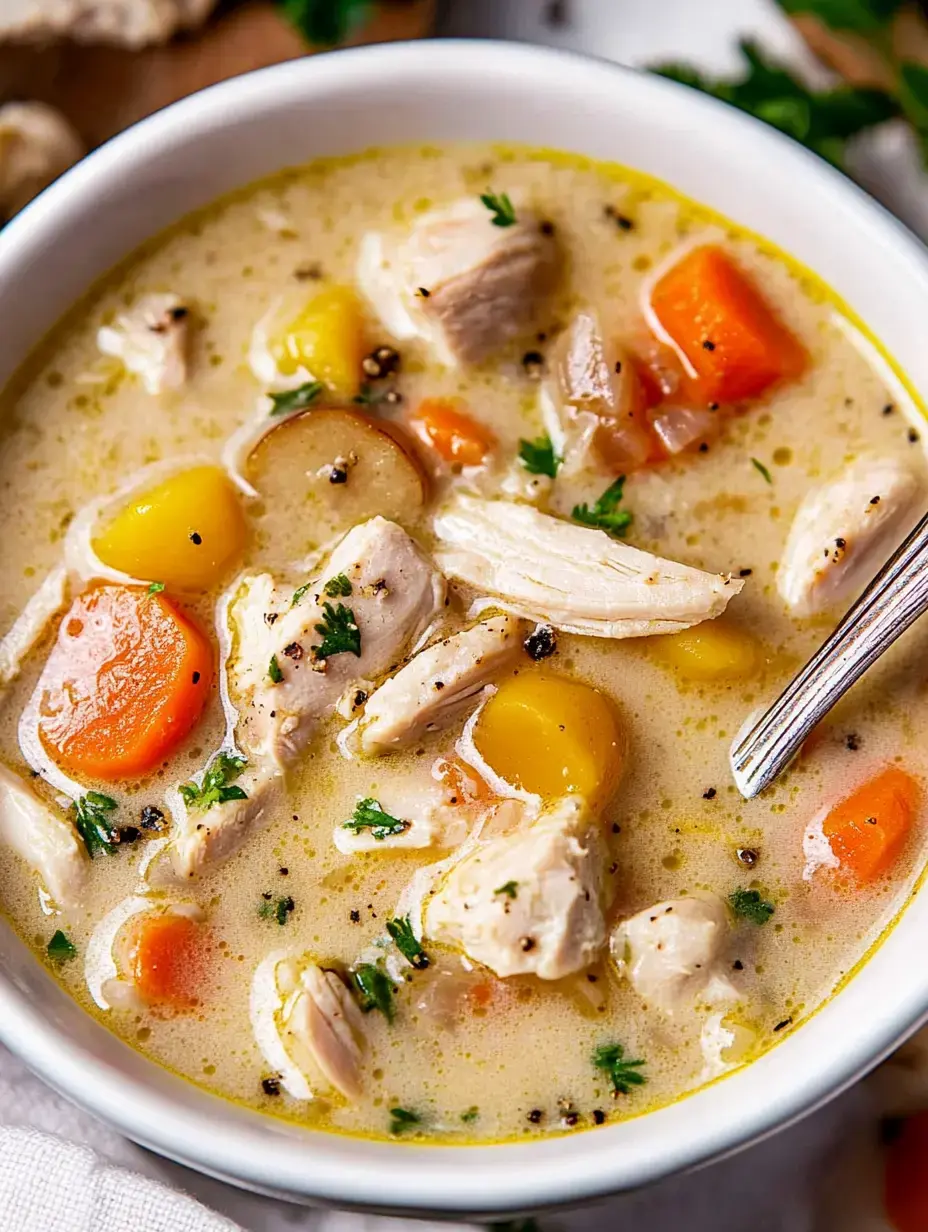 Un primer plano de un plato de sopa cremosa de pollo con pedazos de pollo, zanahorias y verduras amarillas, adornada con perejil.