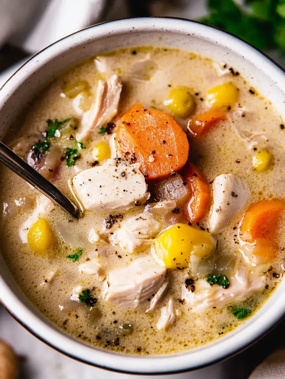 Un bol de sopa cremosa de pollo llena de trozos de pollo, zanahorias y hierbas.