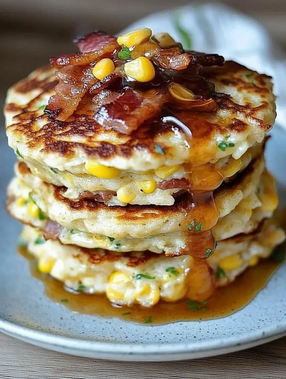 Torre de hotcakes de elote con trozos de tocino crujiente, granos de maíz y sirope, todo en un plato.