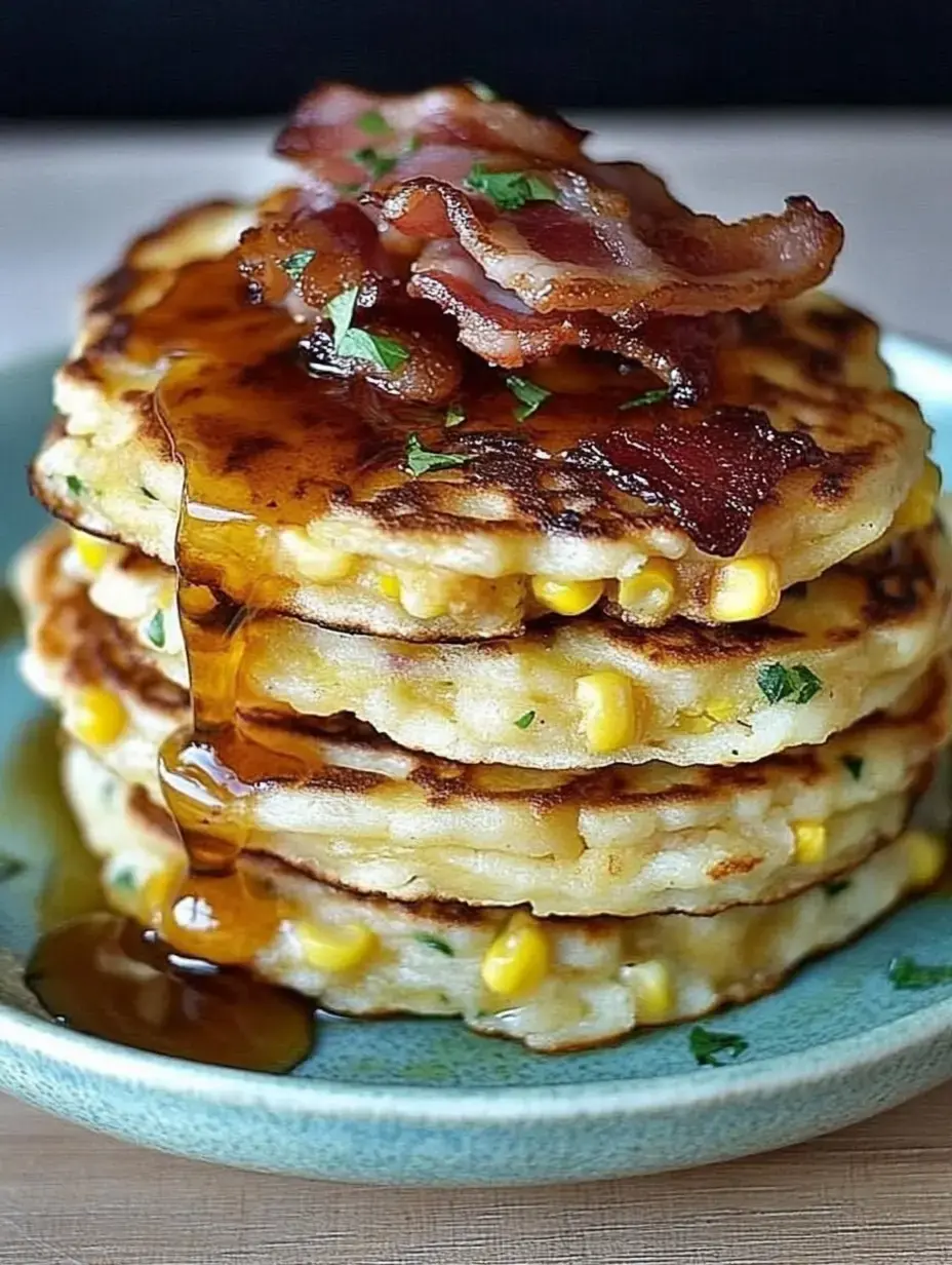 Torre de hotcakes de elote, cubiertos con tocino crujiente y sirope, en un plato azul.