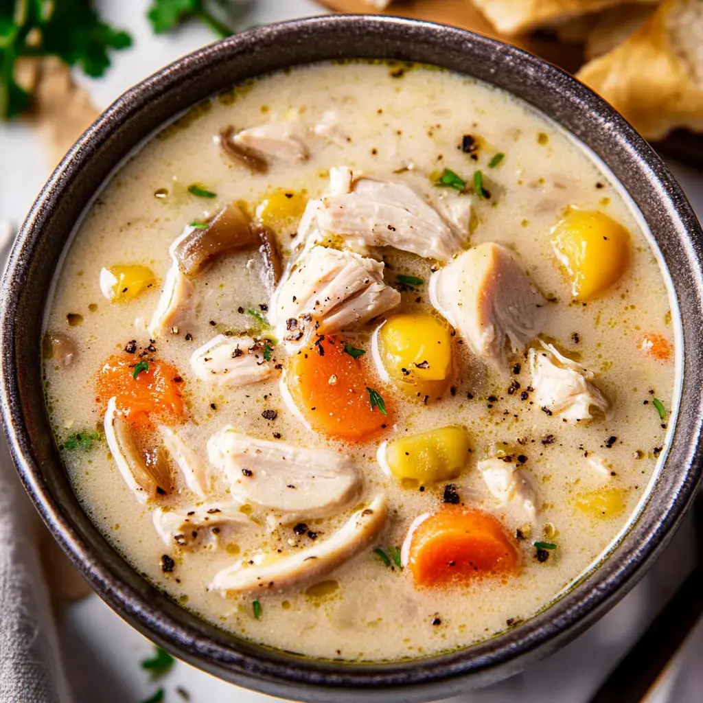 Un primer plano de un bol de sopa cremosa de pollo con pollo desmenuzado, zanahorias y verduras de colores, cubierto con pimienta negra y hierbas frescas.