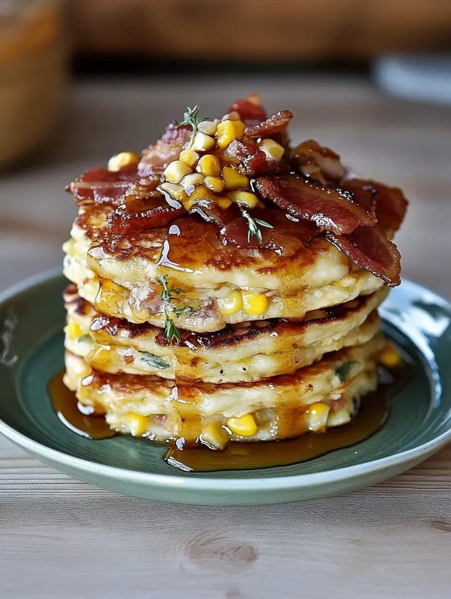 Torre de hotcakes dorados con tocino crujiente, maíz dulce y sirope, servidos en plato verde.